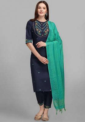 Navy Blue Embroidered Cotton Kurta Set
