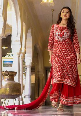 Maroon Printed Cotton Kurta Set