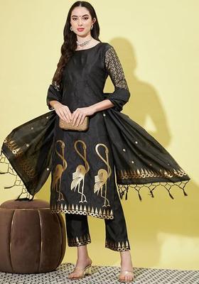 Black Printed Silk Blend Kurta Set