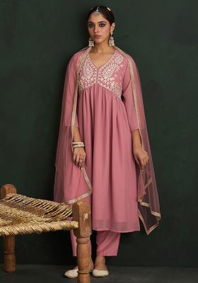 Mauve Embroidered Georgette Kurta Set