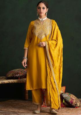 Yellow Embroidered Chinon Kurta Set