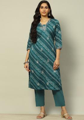Teal Printed Cotton Kurta Set