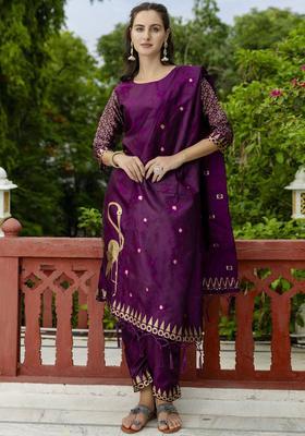 Purple Printed Cotton Kurta Set