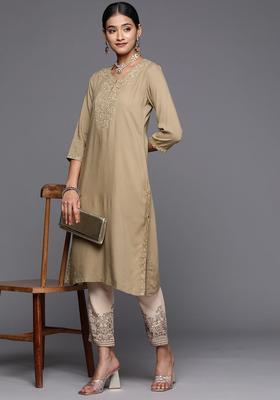 Brown Embroidered Viscose Kurta Set