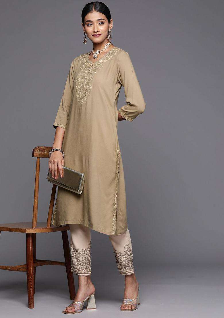 Brown Embroidered Viscose Kurta Set - Indya