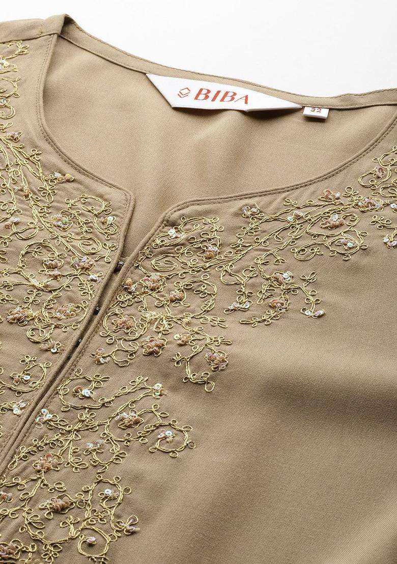 Brown Embroidered Viscose Kurta Set - Indya