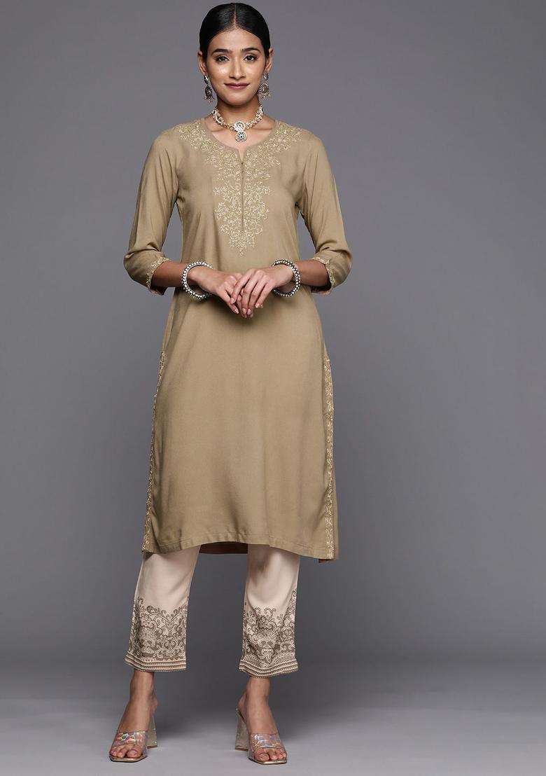 Brown Embroidered Viscose Kurta Set - Indya