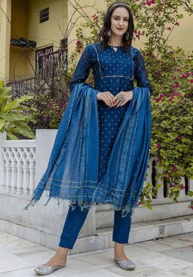 Teal Self Design Silk Blend Kurta Set