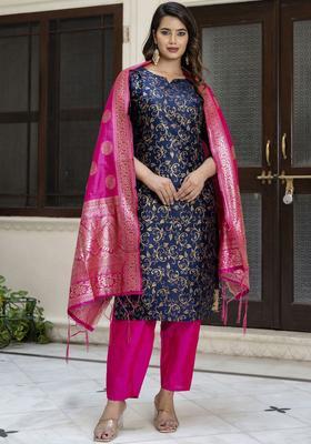 Navy Blue Printed Cotton Kurta Set