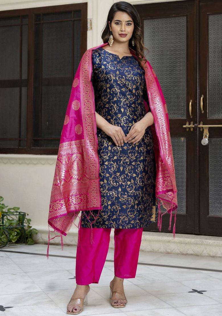 Navy Blue Printed Cotton Kurta Set - Indya
