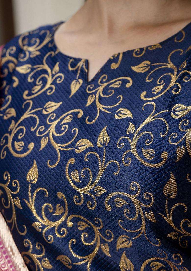 Navy Blue Printed Cotton Kurta Set - Indya
