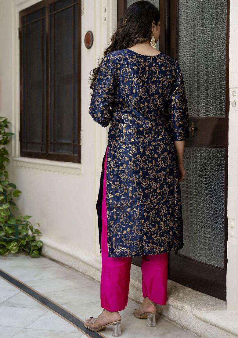 Navy Blue Printed Cotton Kurta Set - Indya