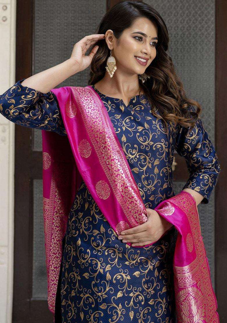 Navy Blue Printed Cotton Kurta Set - Indya