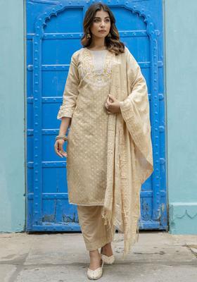 Brown Embroidered Silk Blend Kurta Set