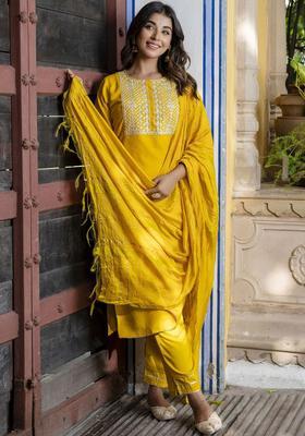 Yellow Embroidered Chinon Kurta Set