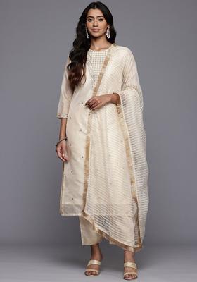 Cream Embroidered Silk Blend Kurta Set