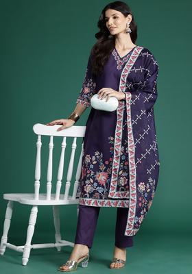 Purple Printed Cotton Kurta Set