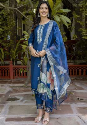 Blue Yoke Design Silk Blend Kurta Set
