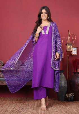 Purple Solid Cotton Kurta Set