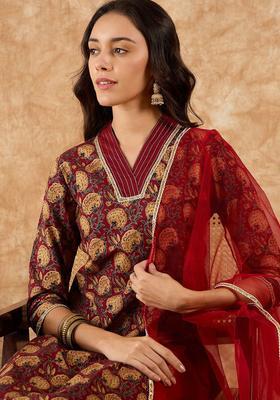 Maroon Printed Cotton Kurta Set