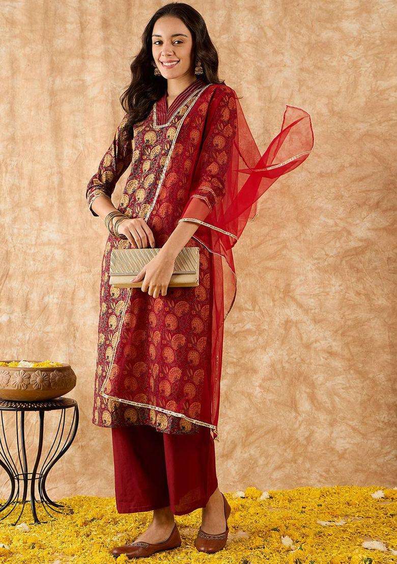 Maroon Printed Cotton Kurta Set - Indya