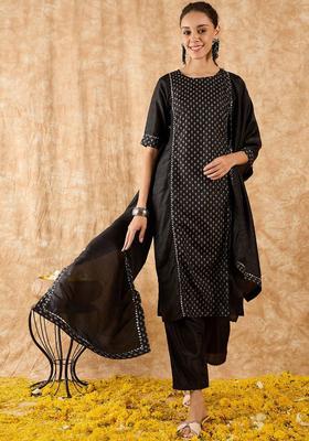 Black Printed Polyester Kurta Set