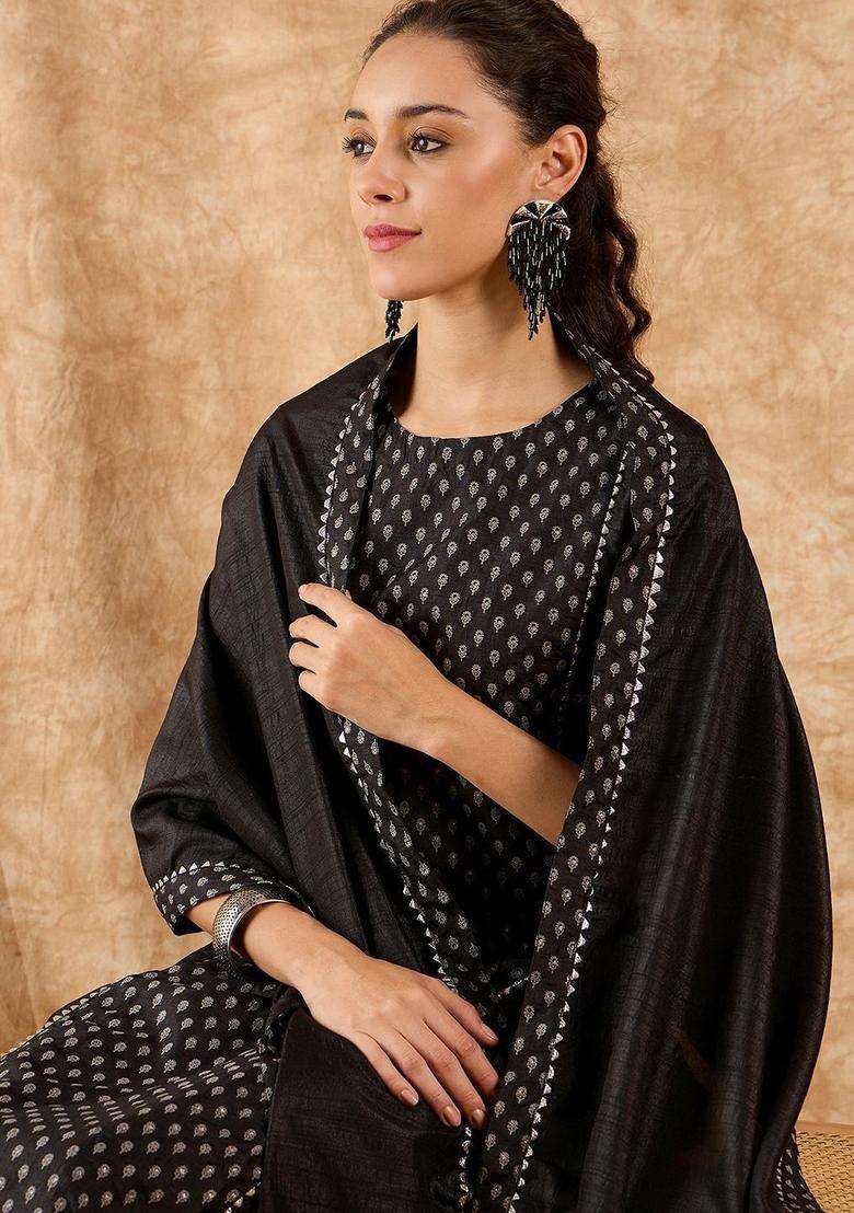Black Printed Polyester Kurta Set - Indya