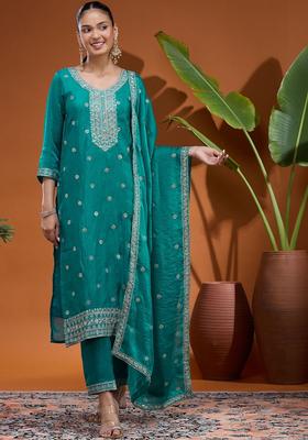 Blue Embroidered Tissue Kurta Set