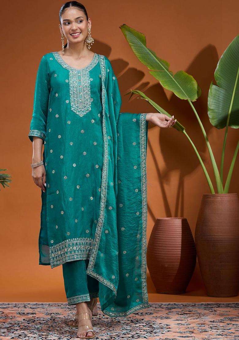 Blue Embroidered Tissue Kurta Set - Indya