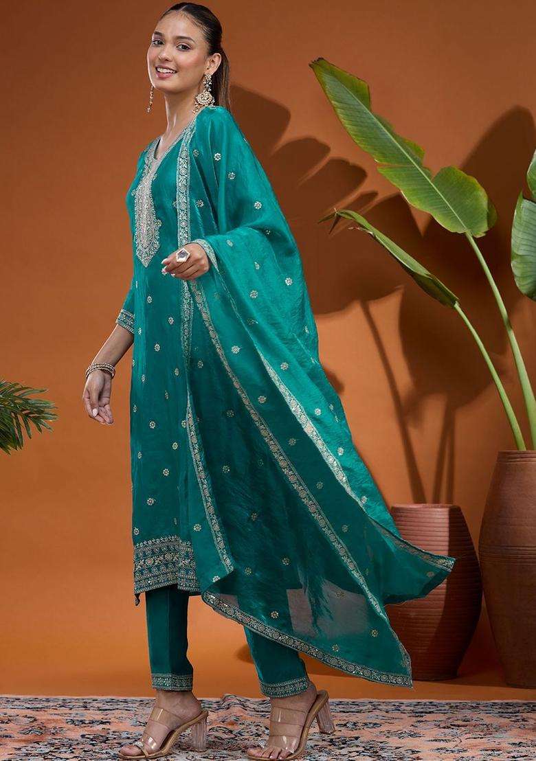 Blue Embroidered Tissue Kurta Set - Indya