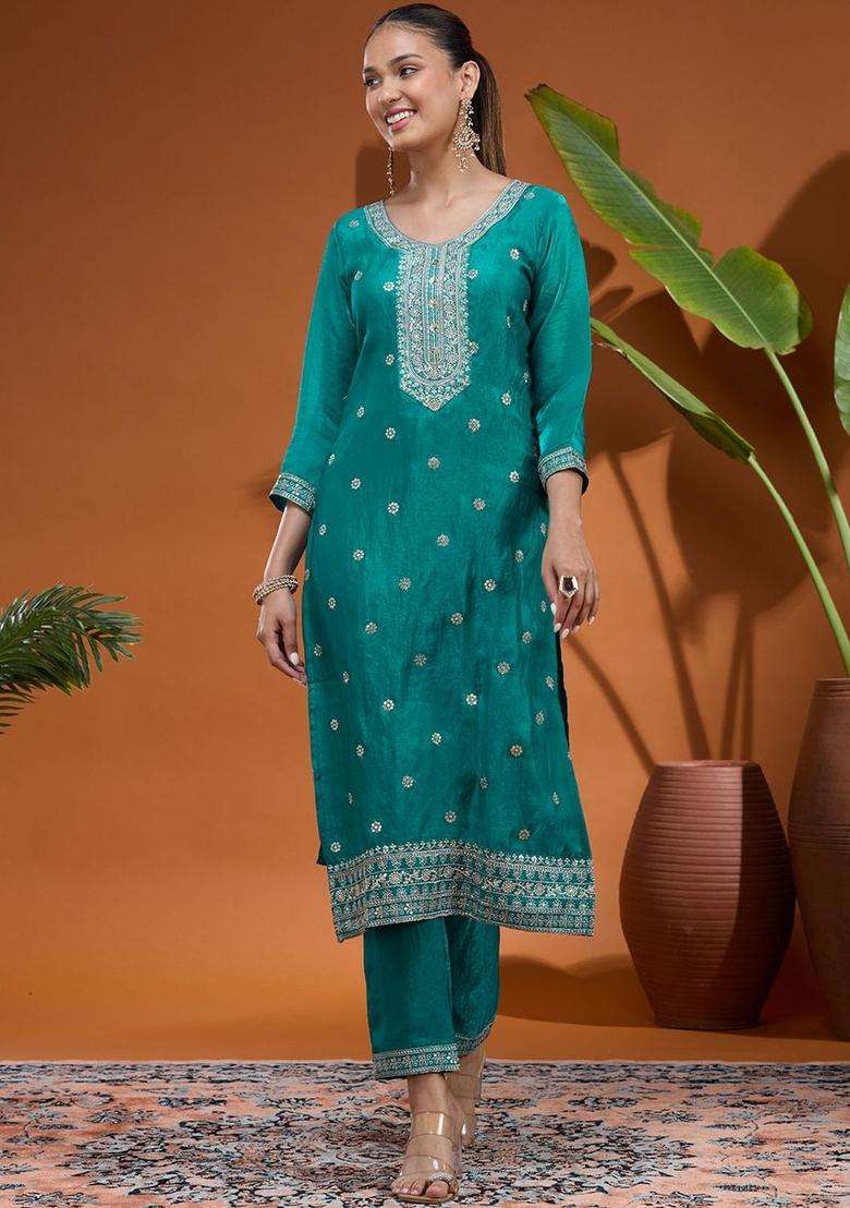 Blue Embroidered Tissue Kurta Set - Indya