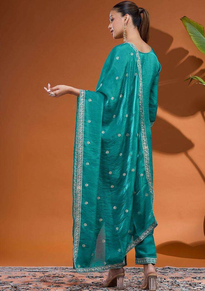 Blue Embroidered Tissue Kurta Set - Indya