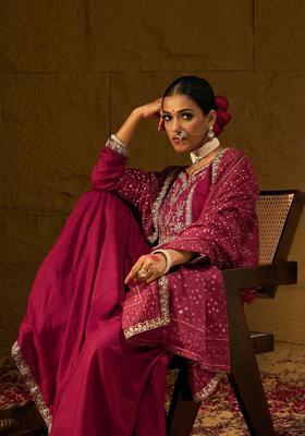 Maroon Embroidered Viscose Kurta Set