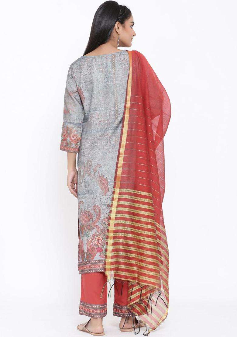 Grey Printed Silk Blend Kurta Set - Indya