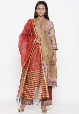 Beige Printed Silk Blend Kurta Set