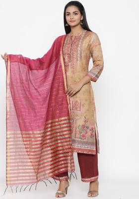 Beige Printed Silk Blend Kurta Set