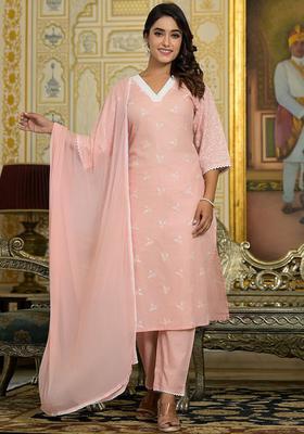 Peach Embroidered Cotton Kurta Set