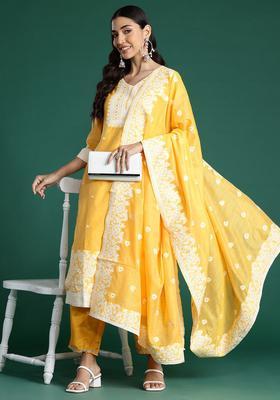 Yellow Woven Design Silk Blend Kurta Set