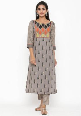 Grey Printed Viscose Kurta Set