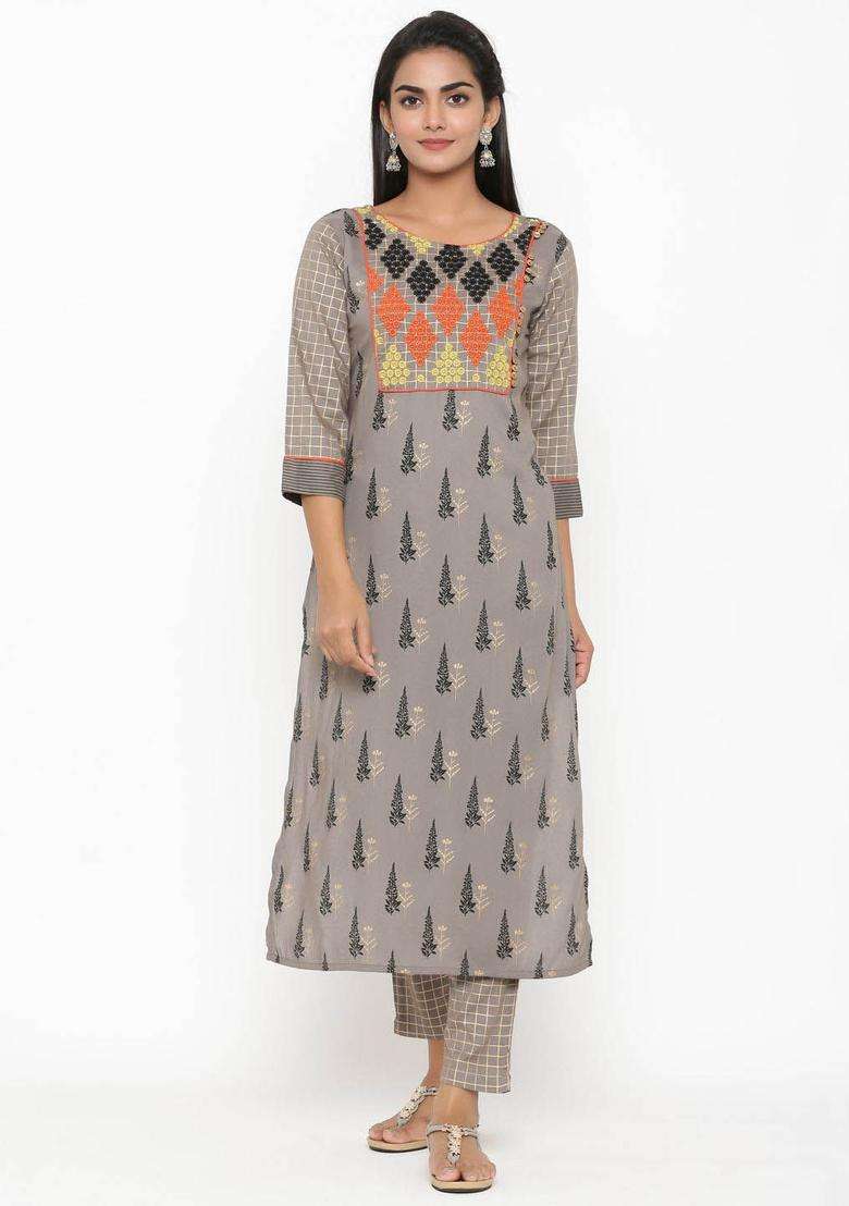 Grey Printed Viscose Kurta Set - Indya