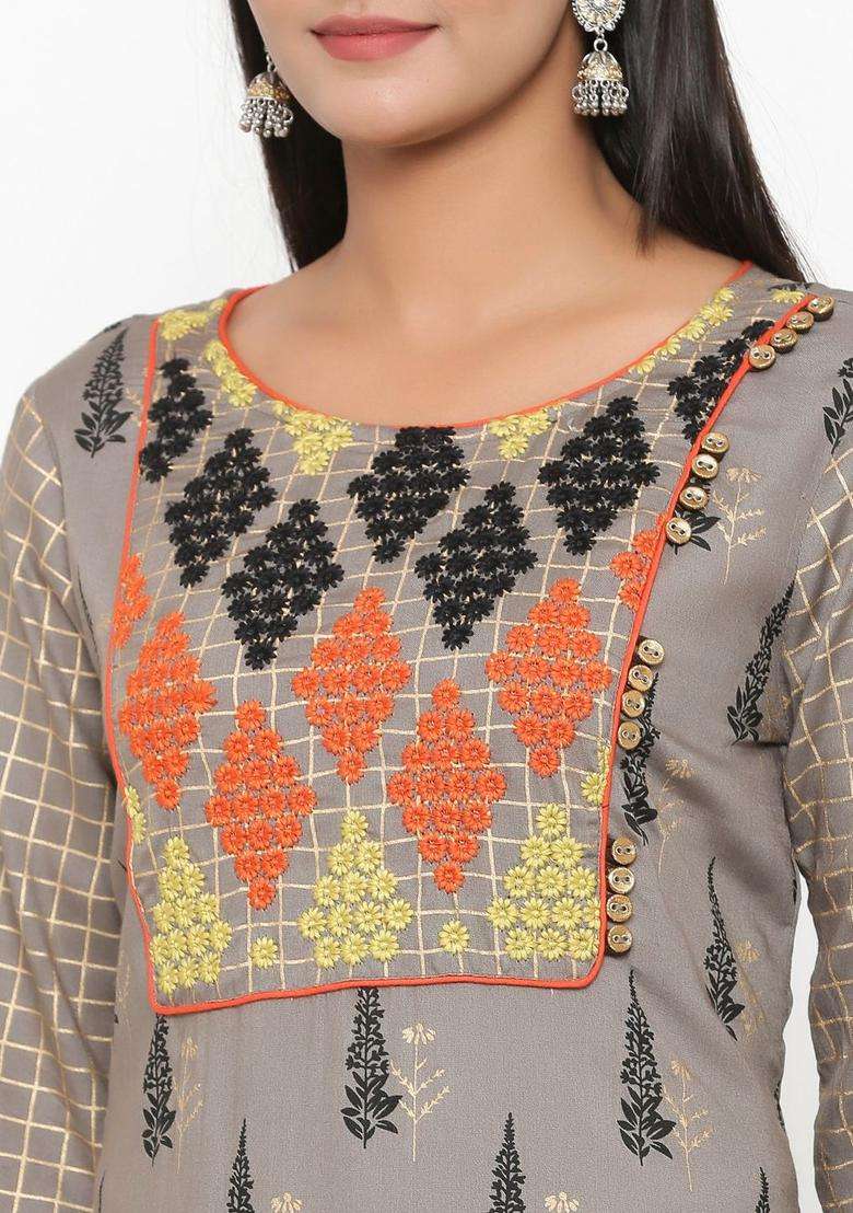 Grey Printed Viscose Kurta Set - Indya