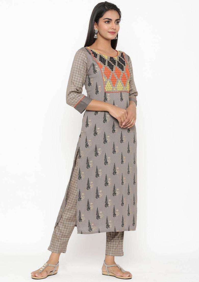 Grey Printed Viscose Kurta Set - Indya