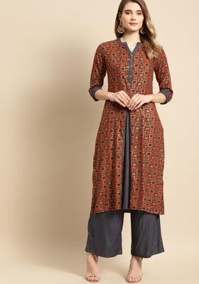Brown Printed Viscose Kurta Set