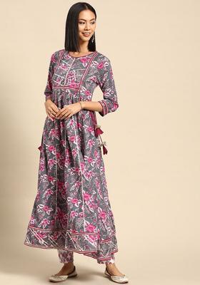 Grey Printed Cotton Kurta Set