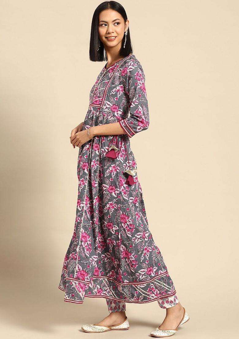 Grey Printed Cotton Kurta Set - Indya