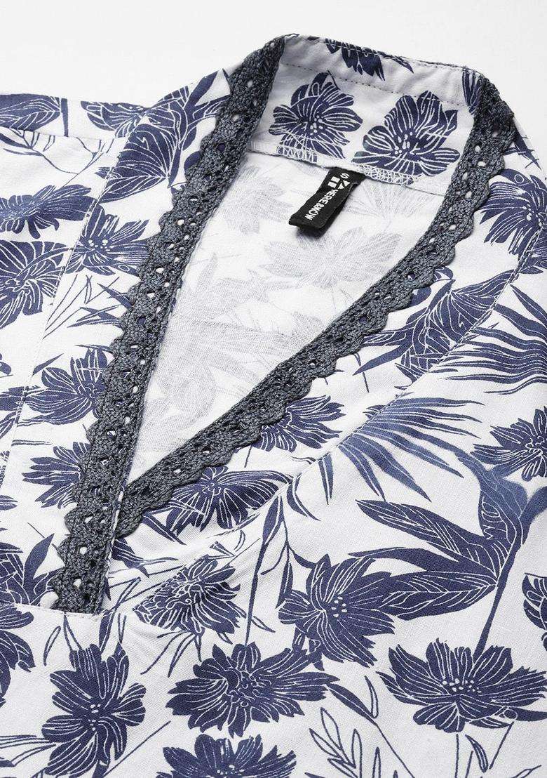 Navy Blue Printed Cotton Kurta Set - Indya