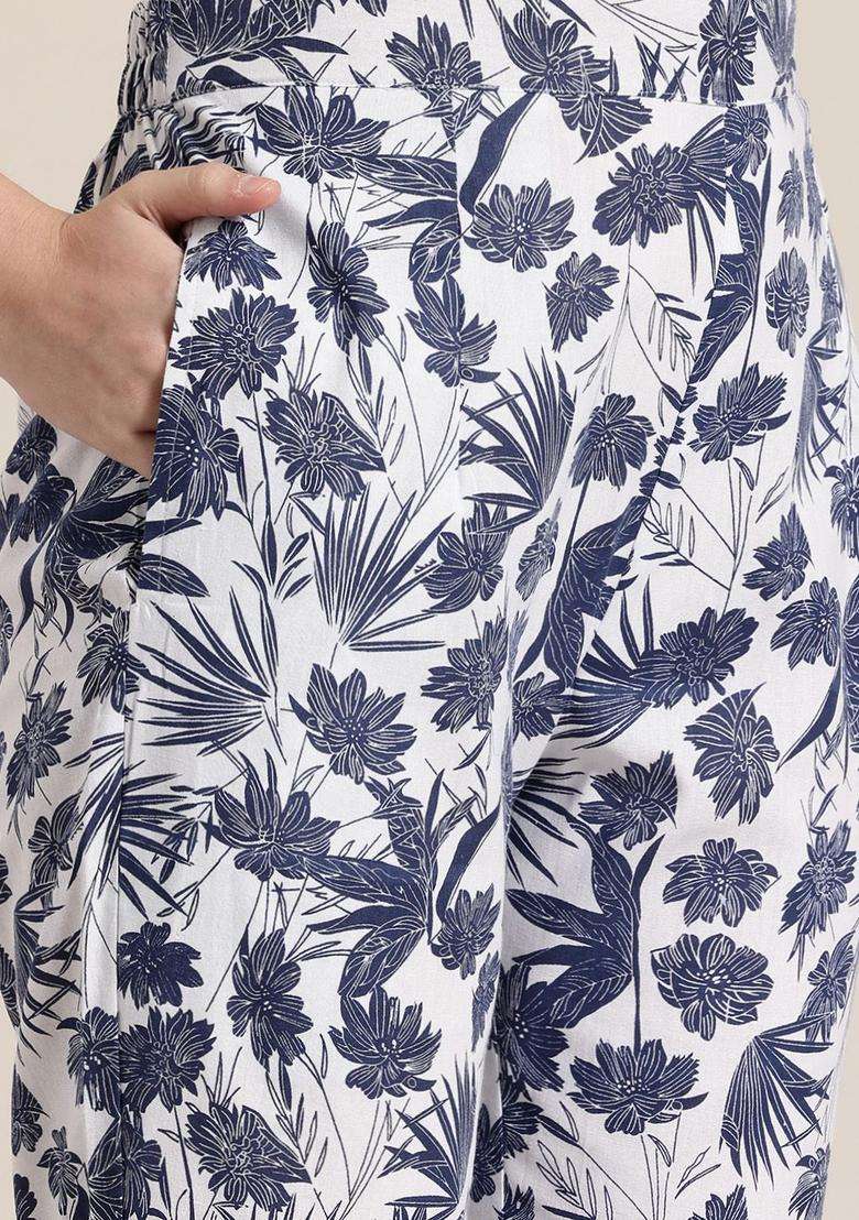 Navy Blue Printed Cotton Kurta Set - Indya