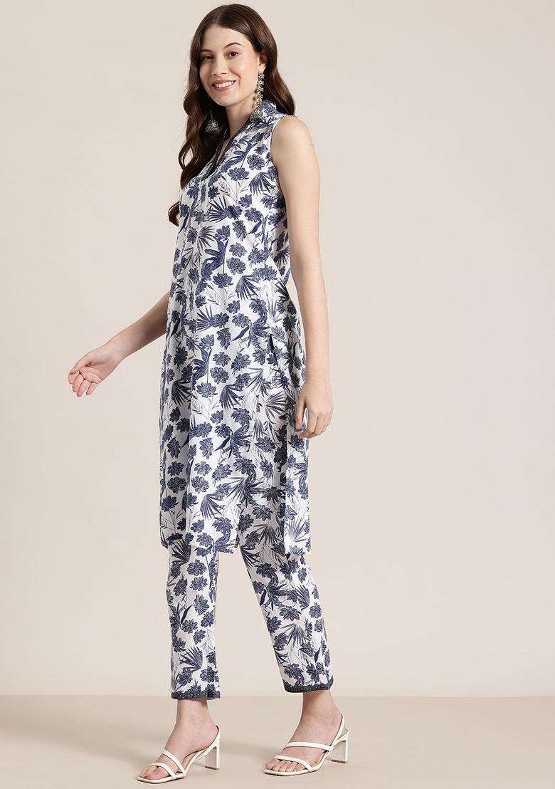 Navy Blue Printed Cotton Kurta Set - Indya