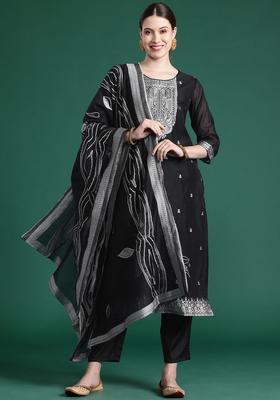 Black Woven Design Silk Blend Kurta Set