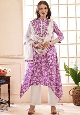 Lavender Printed Cotton Kurta Set